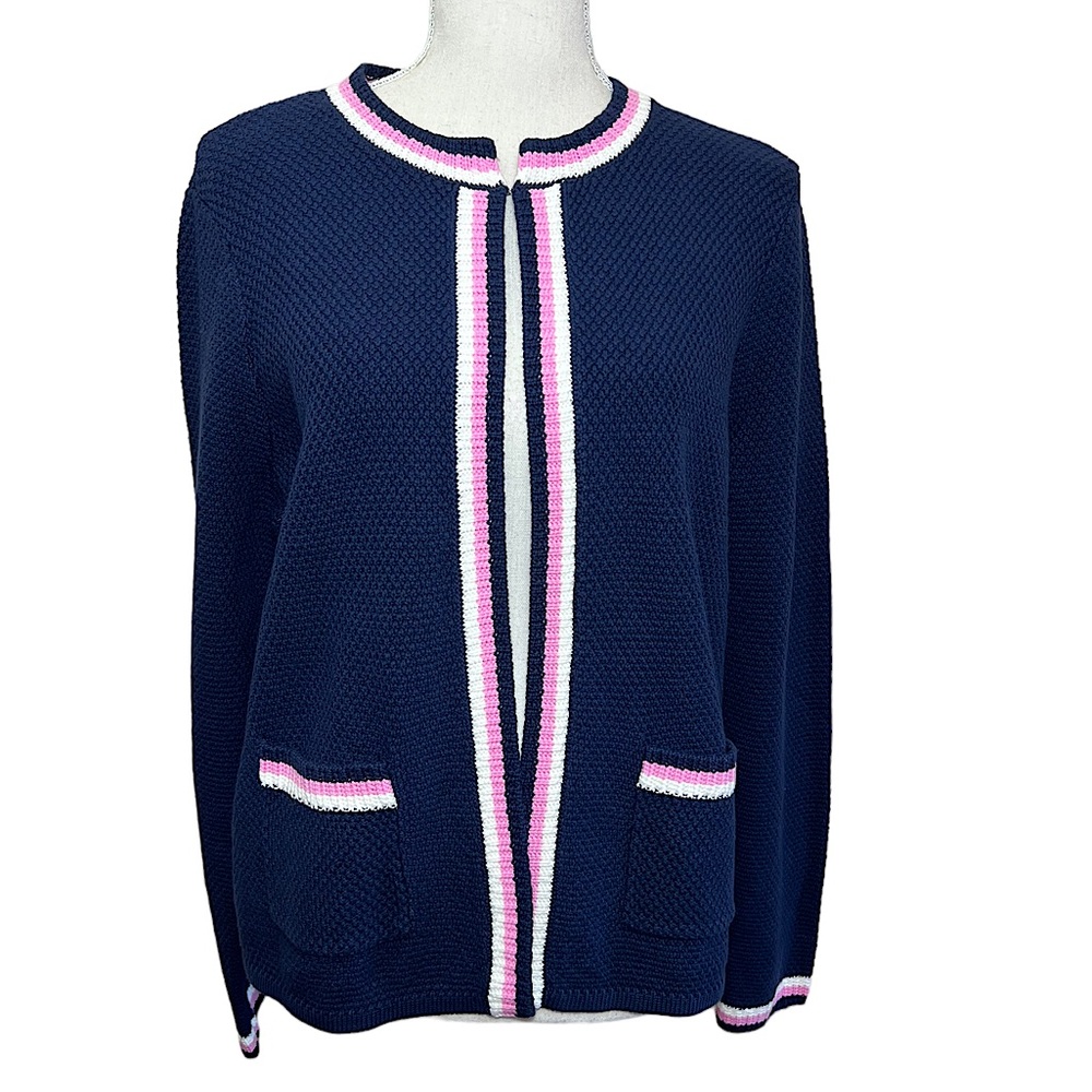NWT Charter Club navy blue white pink stripe sweater cardigan size large